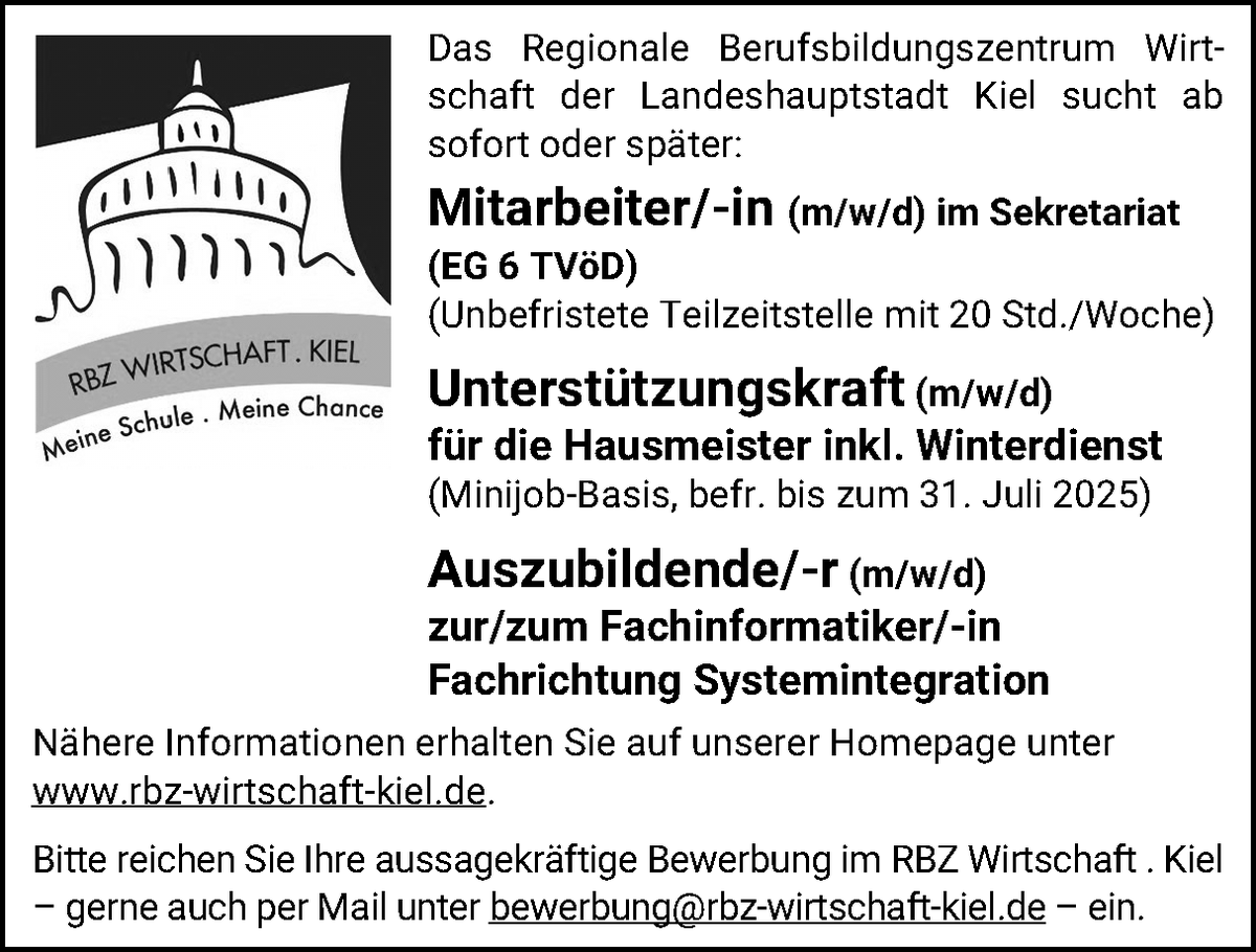 RBZKiel's tweet photo. Freie Stellen am RBZ Wirtschaft Kiel. 
Mehr unter https://t.co/nBqklYO1s6 https://t.co/2yip5E6Xee