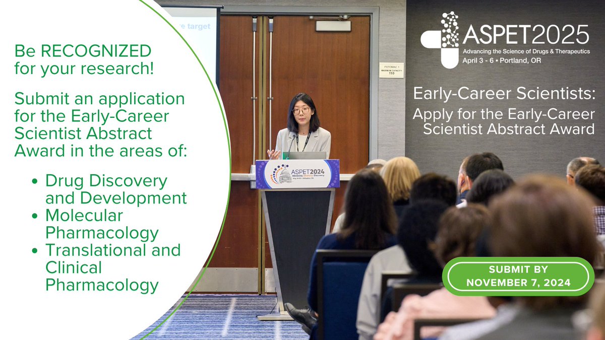 ASPET's tweet photo. This award will provide paid registration to an early-career scientist presenting their work at #ASPET2025. All applicants must be ASPET members within 15 years of receiving a PhD, or equivalent degree, who are also past the postdoctoral stage. Learn more: https://t.co/XTvisLKDst https://t.co/3ixg4CAWMp