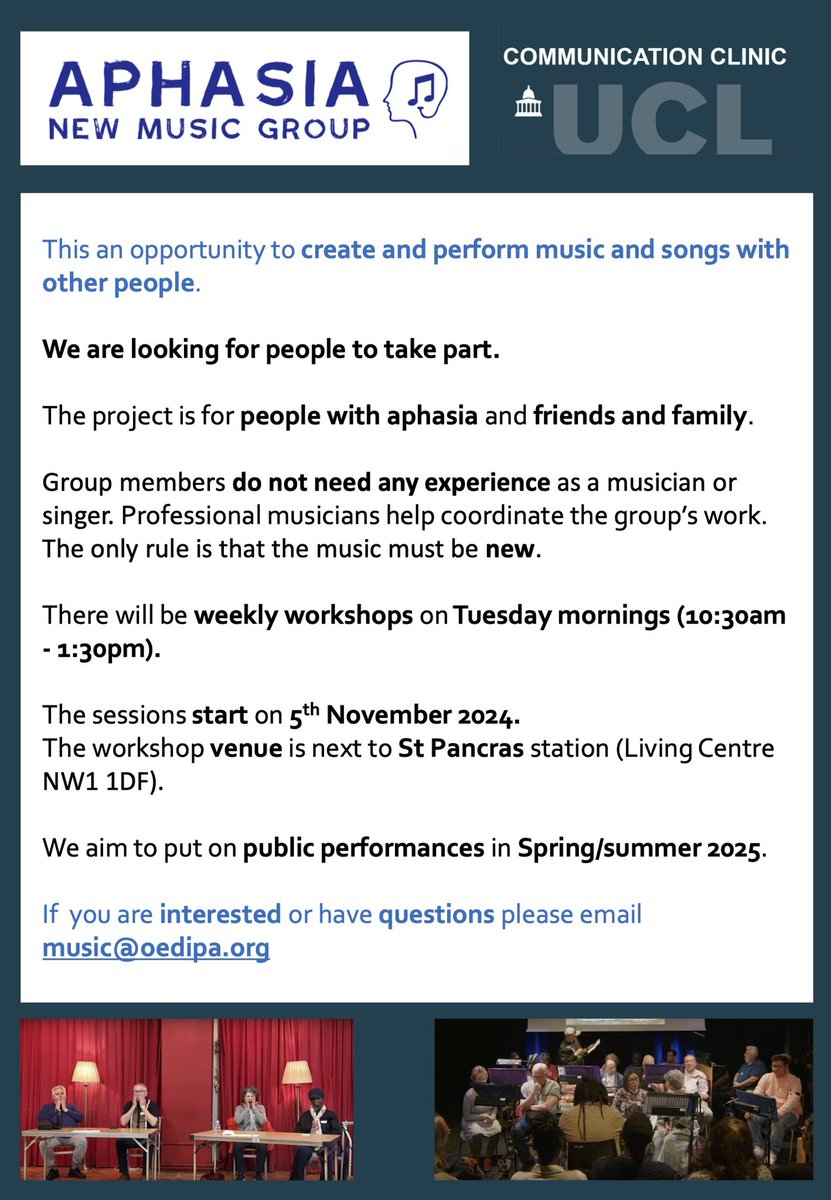 The Aphasia New Music Group workshops are starting again in November! 🎶🎤🎹

We are looking for new members with #aphasia and their family and friends. Members do not need any musical experience.