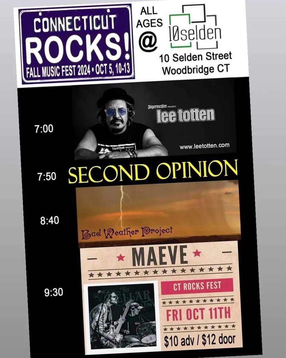 Tonight! Excited to be back at CT Rocks Fest at <a href="/10selden/">@10selden</a> ! What a great lineup of original music including Second Opinion, Bad Weather Project and Maeve! Come support local original music!