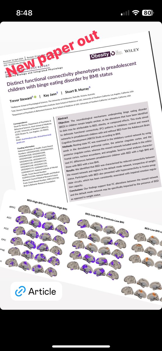 Kay Jann, PhD (@neuro_kj) on Twitter photo New paper alert. we looked at #FunctionalConnectivity differences in #BingeEating Disorder. We found reduced connectivity involving the reward network. Additionally we saw differences associated with weight status.
<a href="/DrStuartBMurray/">Dr. Stuart Murray</a> @trevorcsteward
onlinelibrary.wiley.com/doi/10.1002/ob… New paper alert. we looked at #FunctionalConnectivity differences in #BingeEating Disorder. We found reduced connectivity involving the reward network. Additionally we saw differences associated with weight status.
<a href="/DrStuartBMurray/">Dr. Stuart Murray</a> @trevorcsteward
onlinelibrary.wiley.com/doi/10.1002/ob…