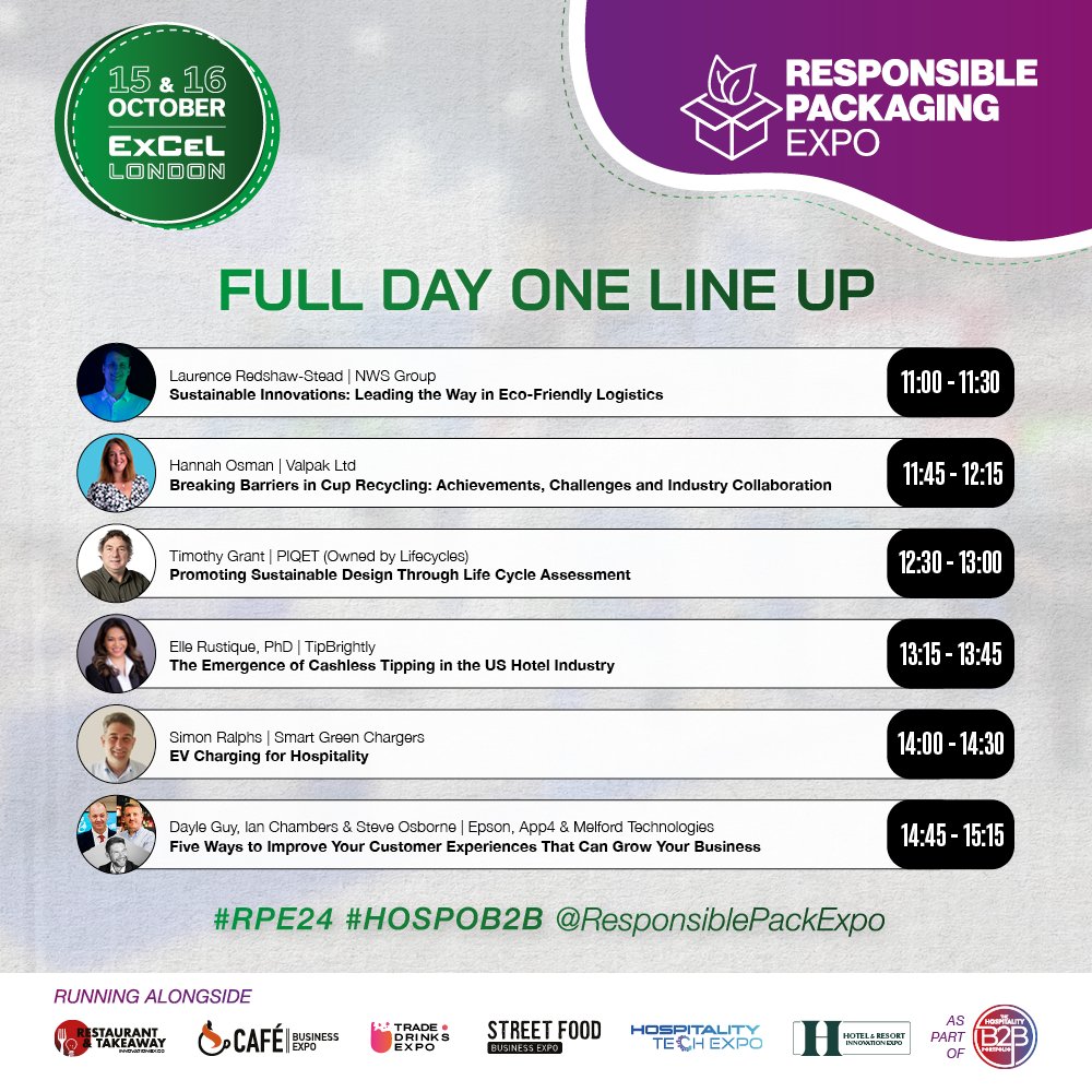 !Day 1 Speaker Line-up at the Responsible Packaging 
  Expo! 

Day 1 of the Responsible Packaging Expo 2024 is packed with visionary speakers and industry experts 

Make sure to come visit them at Theatre 5! 
#RPE24 #HOSPOB2B #ExCeLLondon #ResponsiblePackagingExpo #IndustryEvent