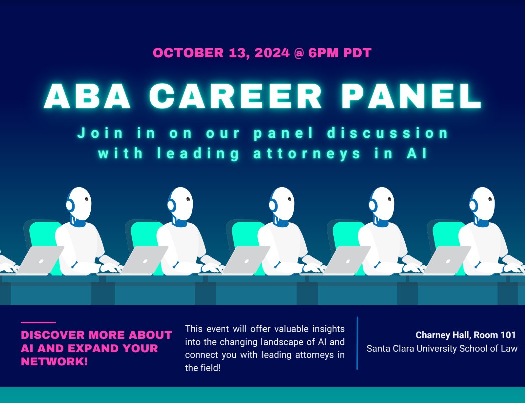 Students, come join the ABA career panel this Sunday at 6 PM to learn more about AI and connect with leading attorneys in AI!

📍 Location: Charney Hall, Room 101 

#SCUHTLI #SCULaw #AI #ABA