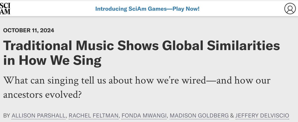 Pat Savage (@PatrickESavage.bsky.social) (@patrickesavage) on Twitter photo A few months ago, two independent research teams published separate analyses showing consistent differences in singing and speaking across diverse languages. Today, <a href="/sciam/">Scientific American</a> published a cool podcast showcasing both studies together:
scientificamerican.com/podcast/episod… A few months ago, two independent research teams published separate analyses showing consistent differences in singing and speaking across diverse languages. Today, <a href="/sciam/">Scientific American</a> published a cool podcast showcasing both studies together:
scientificamerican.com/podcast/episod…