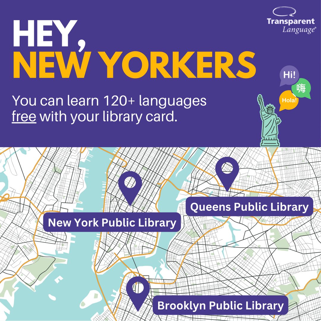 Transparent Language (@tlilanguages) on Twitter photo Language learners of NYC, head to your local library! (Or their website.)
Every public library card in the 5 boroughs now gives free access to Transparent Language Online.
Learn 120+ languages including ASL, ESL & indigenous languages.
Sign up <a href="/nypl/">NY Public Library</a>, <a href="/QPLNYC/">Queens Public Library</a> or <a href="/BKLYNlibrary/">Brooklyn Public Library</a>! Language learners of NYC, head to your local library! (Or their website.)
Every public library card in the 5 boroughs now gives free access to Transparent Language Online.
Learn 120+ languages including ASL, ESL & indigenous languages.
Sign up <a href="/nypl/">NY Public Library</a>, <a href="/QPLNYC/">Queens Public Library</a> or <a href="/BKLYNlibrary/">Brooklyn Public Library</a>!