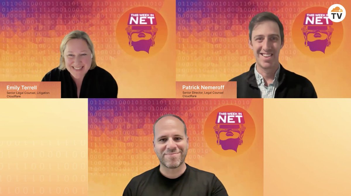 CloudflareTV's tweet image. Don't miss our latest #ThisWeekInNET episode: Why defeating patent trolls matters with @Cloudflare's Senior Legal Counsel Emily Terrell, Senior Director Patrick Nemeroff(@pnemeroff) and Host João Tomé (@emot). They'll unpack the significance of Sable's patents going public, the…