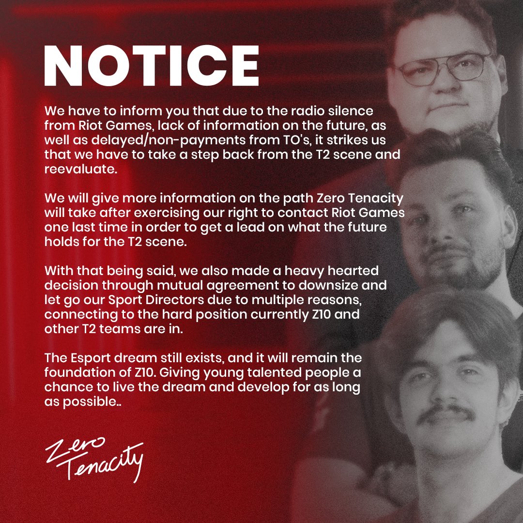 Z10 Esports (@z10esports) on Twitter photo Important notice regarding #Z10 presence in the Tier 2 scene related to Riot Games titles and the resulting downscale of our operations
#WeMakeHeroes #Z10WIN Important notice regarding #Z10 presence in the Tier 2 scene related to Riot Games titles and the resulting downscale of our operations
#WeMakeHeroes #Z10WIN