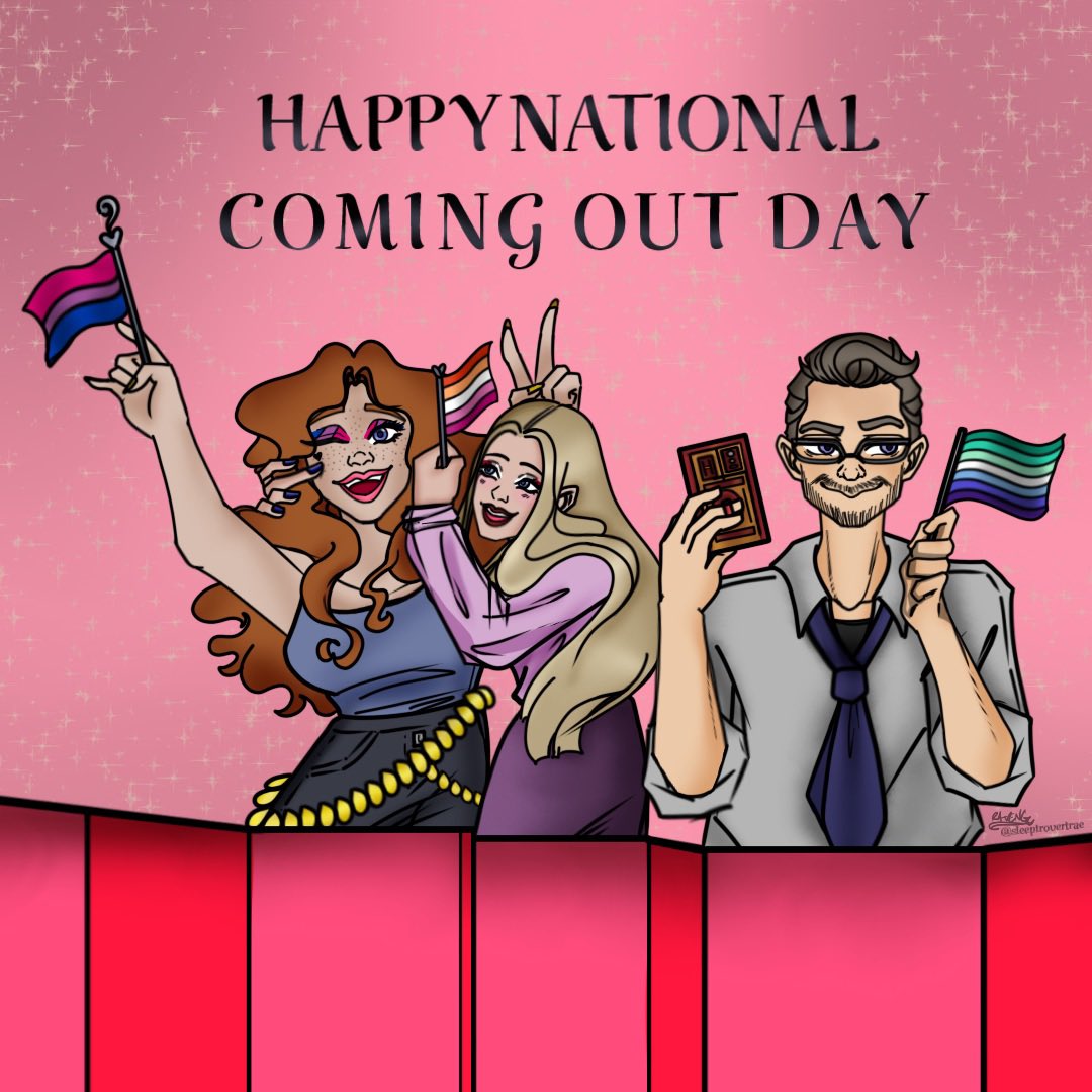 Happy National coming out day from our Vindictive family to you🏳️‍🌈

In celebration of National coming out day, please have this artwork by the talented <a href="/SleepyRaeVA/">RAVENG</a> of our beloved characters that are a part of the LGBTQ+ community.

Remember that you are valued and important ♥️