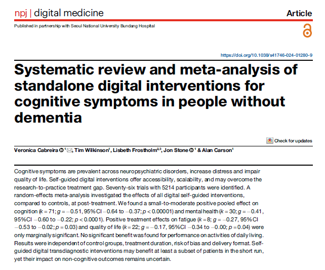 npjDigitalMed's tweet photo. Here @npjDigitalMed we love a good author thread describing their paper. Well done to @Veronicabreira et al. on conducting this #systematicreview looing at the effects of self-guided #digitalhealth interventions in neuropsychiatric disorders.

Full thread below...

https://t.co/FrweE8tq0w