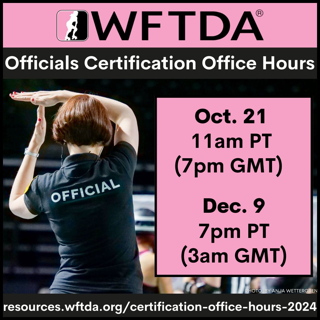 WFTDA’s Roller Derby Certification Program for Officials will start offering Office Hours for members of the community to interact directly with the people who comprise the Certification Committee.

Visit resources.wftda.org/certification-… for more details and registration information.