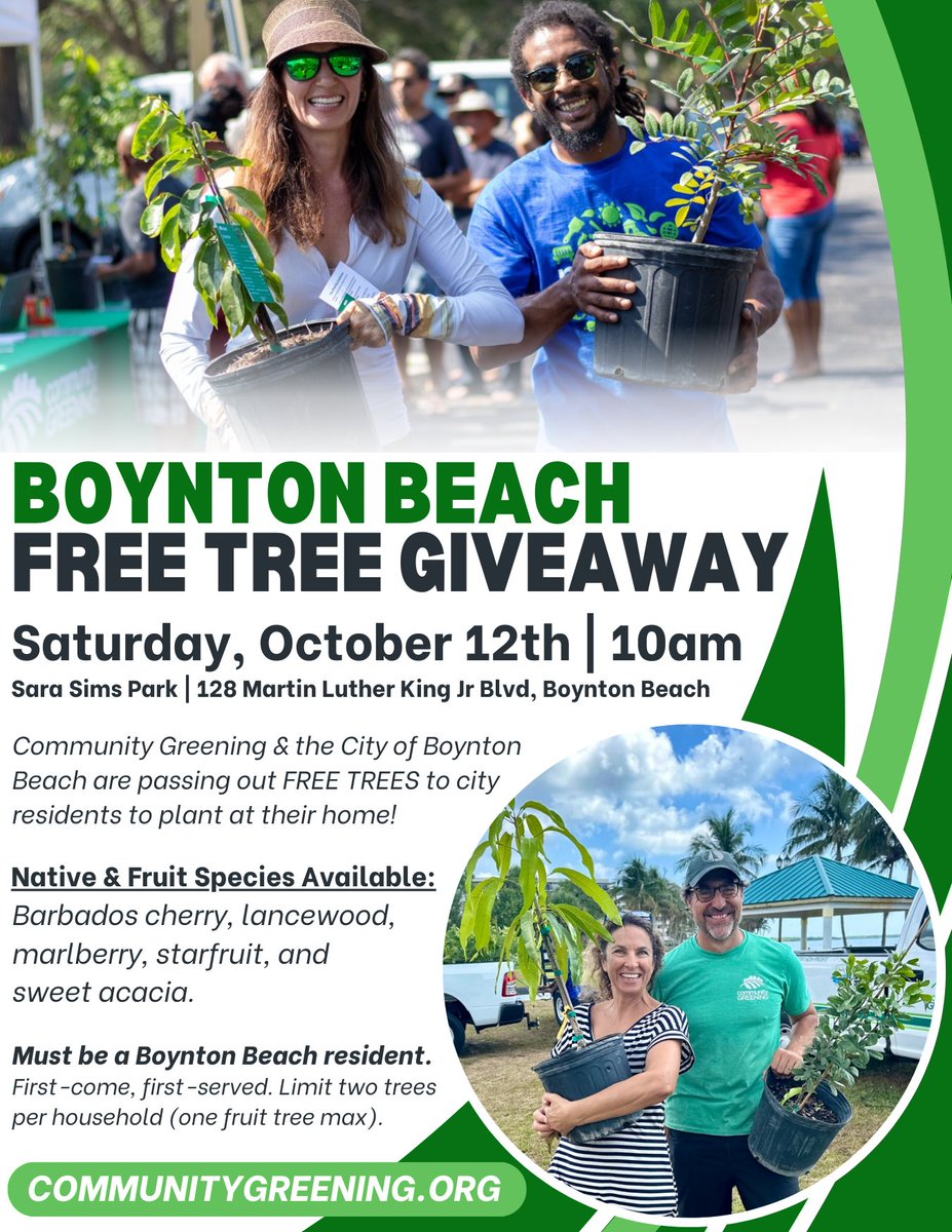 In partnership with Community Greening the city will pass out FREE TREES at 10 a.m., Sat., Oct. 12 at Sara Sims Park. Native &amp; fruit species will be available. Must be a Boynton Beach resident. First-come, first-served. Two trees per household. Learn more: CommunityGreening.org