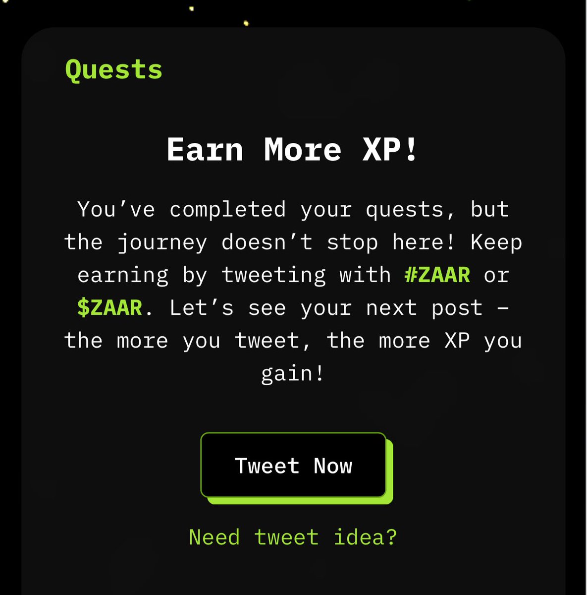 ๐๐ฎ๐ง๐ญฮ๐ซ (@kingsecheeh) on Twitter photo WHO NEEDS EXTRA XP?
$ZAAR FOR EVERYONE
1,000,000 EACH
โโโโโโโโโโโโโโโ
โพ๏ธ FOLLOW: <a href="/KingsEcheeh/">๐๐ฎ๐ง๐ญฮ๐ซ</a>
โพ๏ธ COMMENT $ZAAR
โพ๏ธ RETWEET WHO NEEDS EXTRA XP?
$ZAAR FOR EVERYONE
1,000,000 EACH
โโโโโโโโโโโโโโโ
โพ๏ธ FOLLOW: <a href="/KingsEcheeh/">๐๐ฎ๐ง๐ญฮ๐ซ</a>
โพ๏ธ COMMENT $ZAAR
โพ๏ธ RETWEET