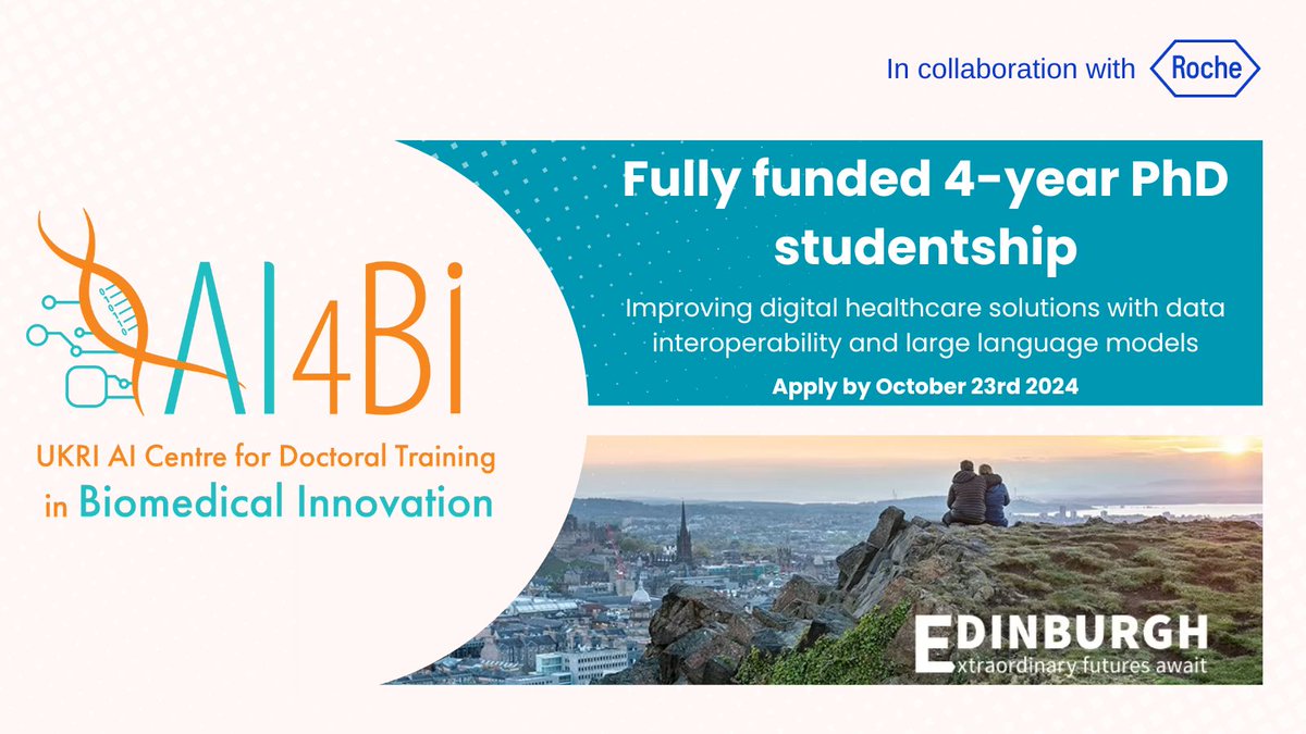 🧬Ian Simpson🏴 (@tisimpson) on Twitter photo Applications close on October 23rd for our PhD project in collaboration with Roche closes using LLMs and other AI tools to harmonise healthcare data to improve patient outcomes.
Full details here - edin.ac/4dH1tnJ Applications close on October 23rd for our PhD project in collaboration with Roche closes using LLMs and other AI tools to harmonise healthcare data to improve patient outcomes.
Full details here - edin.ac/4dH1tnJ