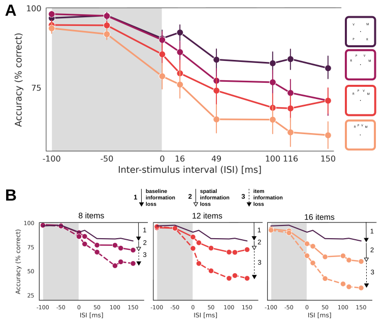 kmatic94's tweet photo. We also looked at whether availability is driven by array size or how crowded they are. We saw that crowding affects not only perception (i.e. encoding) but also memory decay. We suggest this is because it is harder to read out of crowded memory representations. https://t.co/cPPup9E0nh