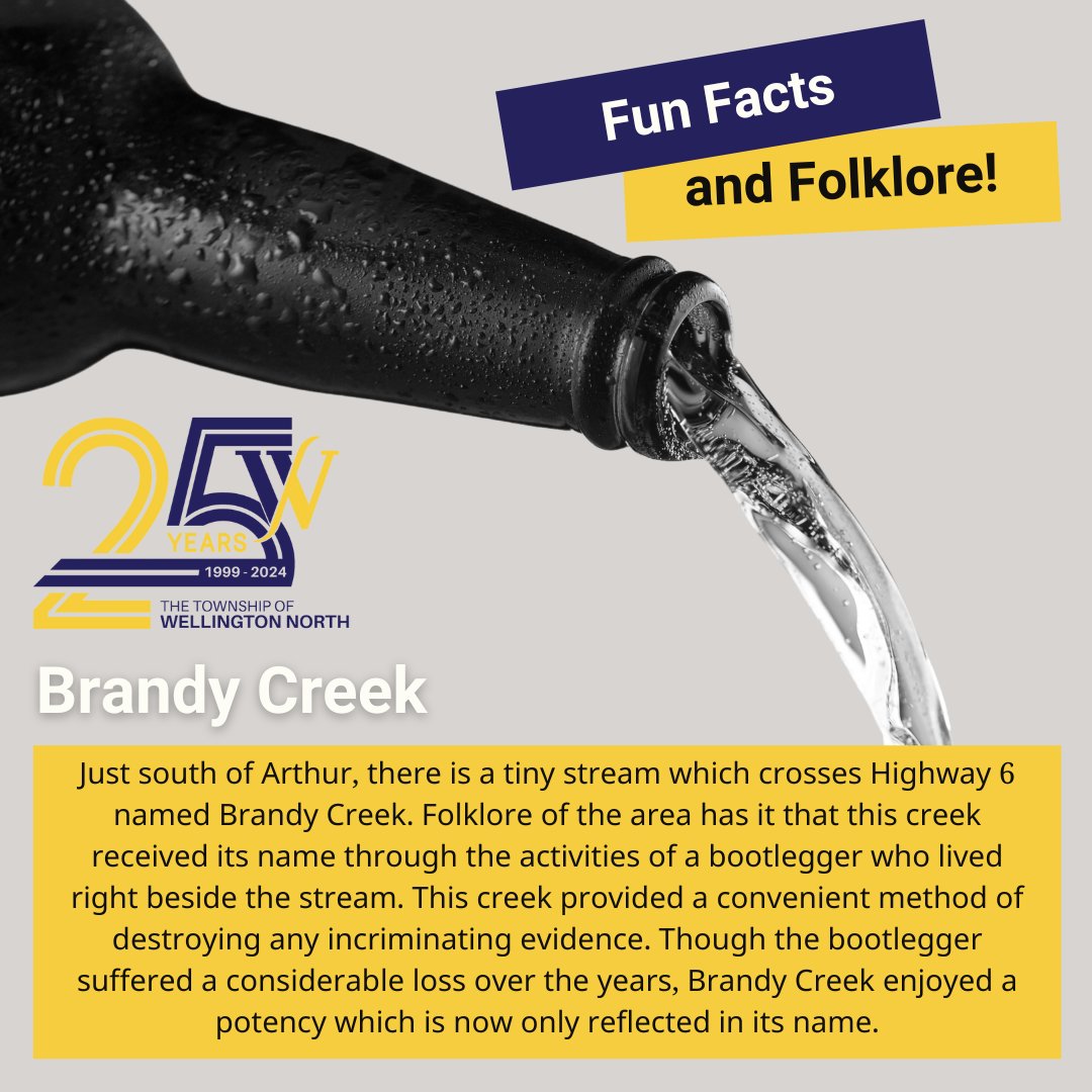 🎓 25 FUN FACTS AND FOLKLORE ABOUT WELLINGTON NORTH 🎓
This is the 15th instalment of our Fun Facts and Folklore about Wellington North series. We dive back into the folklore of the Township this week, with this piece called, "Brandy Creek."
Check out the graphic for this tale!