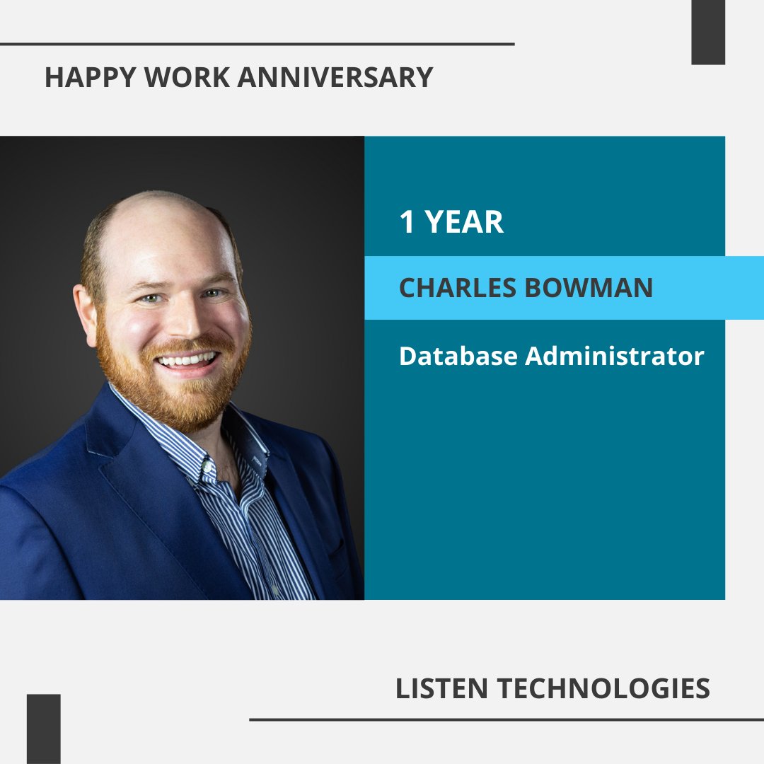ListenTech's tweet image. Congratulations on 1 year, Charles Bowman, our Database Administrator! Thanks for all you do, Charles! 

#ListenTech #PeopleOfListen #WorkAnniversary
