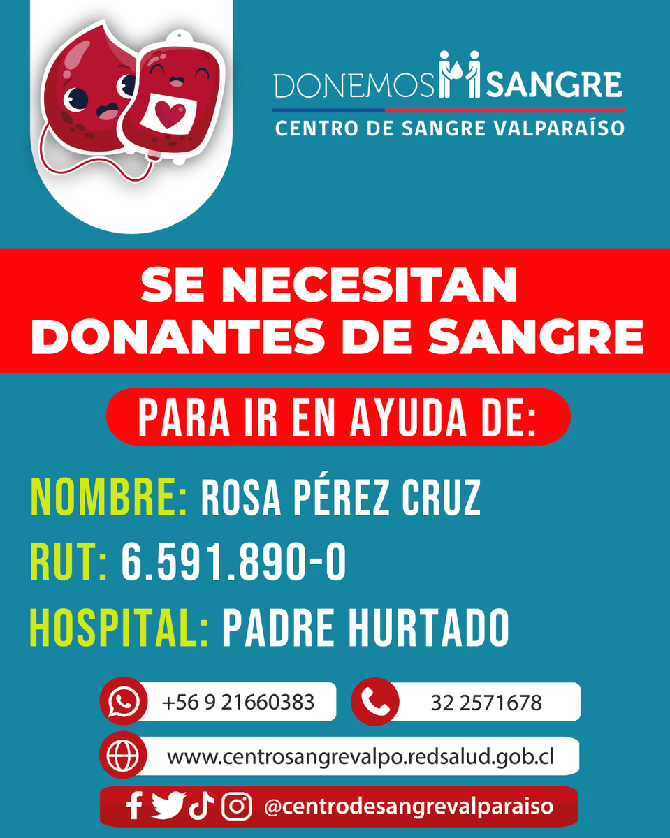 CentrodesangreV's tweet photo. Se necesitan donantes de sangre por Rosa Pérez Cruz. 

Los invitamos a acercarse al Centro de Sangre Valparaíso, nos encontramos en Blas Cuevas #985, Subida El Litre, Valparaíso. 
Reserva tu hora 🩸32-2571678 🩸 WhatsApp +56 9 21660383 https://t.co/HOiVGdv8WN