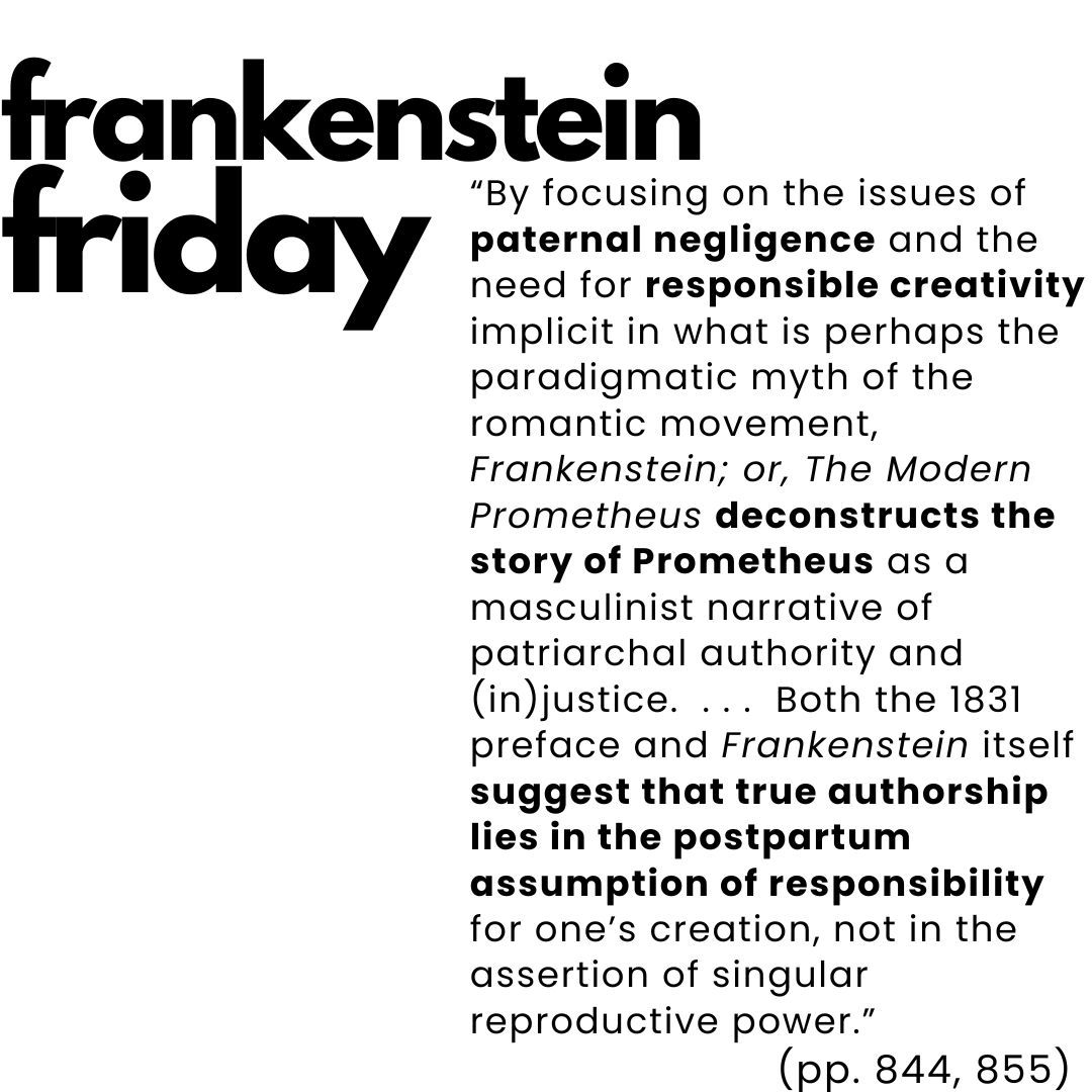 Happy #FrankensteinFriday! 🧟 🧑‍🔬 Harriet Hustis analyzes the revision of masculinist creation &amp; patriarchal authority in "Responsible Creativity and the "Modernity" of Mary Shelley's Prometheus" (SEL 43.4) <a href="/ProjectMUSE/">Project MUSE</a> bit.ly/3U1imCA and <a href="/JSTOR/">JSTOR</a> bit.ly/3BBG2qK