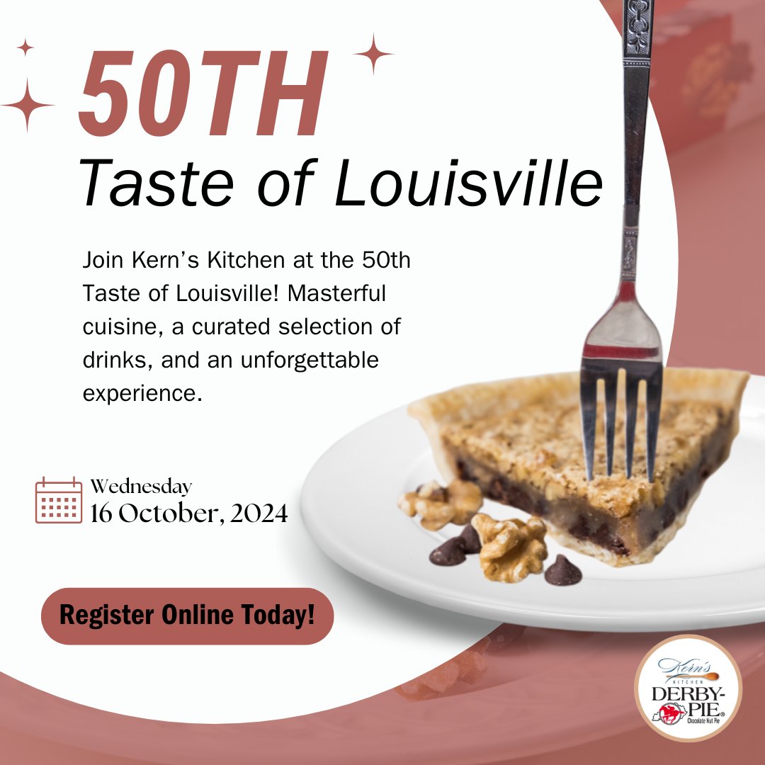 Don't miss out on the 50th Taste of Louisville! 🍽️ 

Register today to experience culinary delights from Kerns Kitchen and more.

#50thTasteOfLouisville #KernsKitchen #DerbyPie
