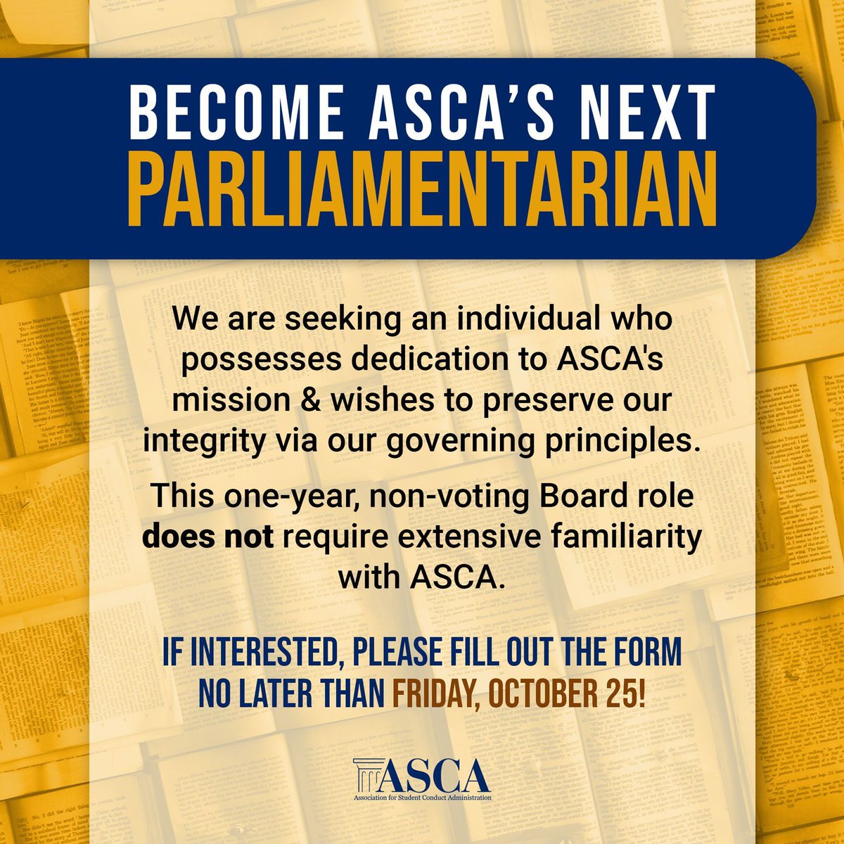 Are you someone with a passion for policies and procedures? Consider applying for the role of ASCA Parliamentarian! This role is a one-year commitment and does not need extensive familiarity with ASCA. 

For a full overview of the role and to apply:
buff.ly/4gXi0H2
