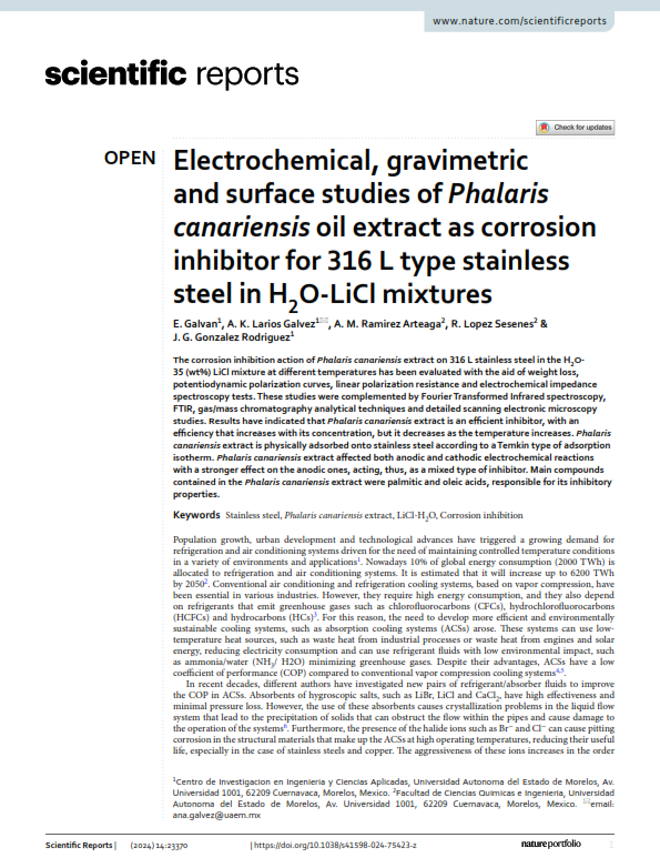 CIICApUAEM's tweet image. Conoce las publicaciones de nuestros investigadores 📄
Electrochemical, gravimetric and surface studies of Phalaris canariensis oil extract as corrosion inhibitor for 316 L type stainless  steel in H O-LiCl mixtures

#Stainlesssteel #Phalariscanariensisextract #LiCl-H2O