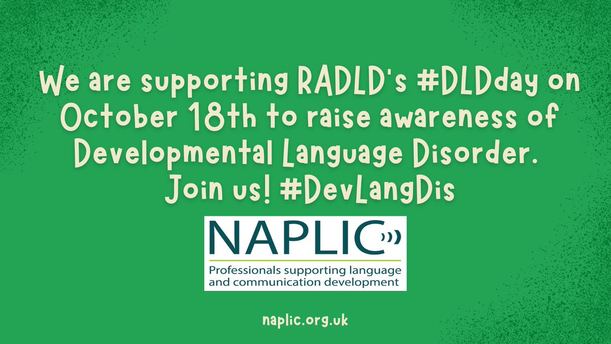 NAPLIC (@naplic) on Twitter photo Today is #DLDday! Join us in supporting <a href="/RADLDcam/">RADLDcampaign</a> to raise awareness of Developmental Language Disorder (DLD) so that everyone with DLD can lead their best life!
#DevLangDis Today is #DLDday! Join us in supporting <a href="/RADLDcam/">RADLDcampaign</a> to raise awareness of Developmental Language Disorder (DLD) so that everyone with DLD can lead their best life!
#DevLangDis