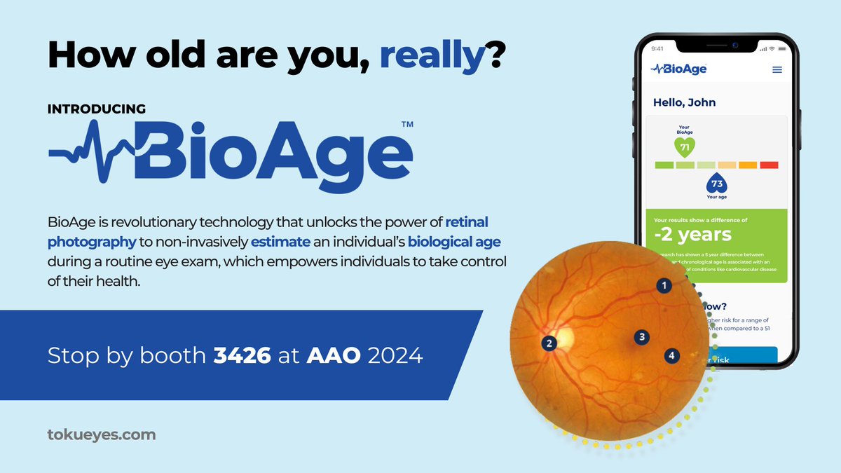 Discover the science behind #BioAge at AAO 2024 in Chicago! Toku Eyes' BioAge technology uses retinal imaging and AI to estimate an individual's biological age. Stop by the Topcon Healthcare booth #3426 to see it in person and receive your BioAge score. tokueyes.com