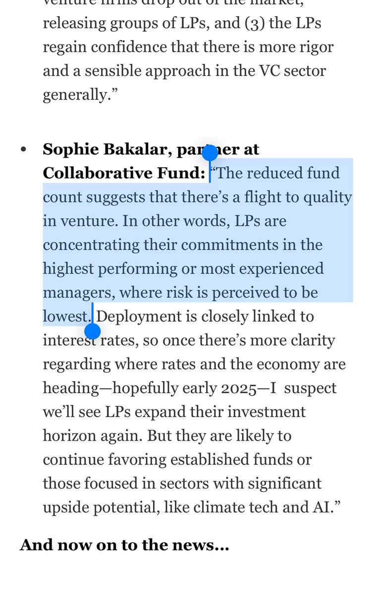 The <a href="/WSJVC/">WSJ Venture Capital</a> asked about when investors think limited partners will ramp up their venture commitments. LP whisperer <a href="/sophiebakalar/">Sophie Bakalar</a> dropping knowledge 🧠