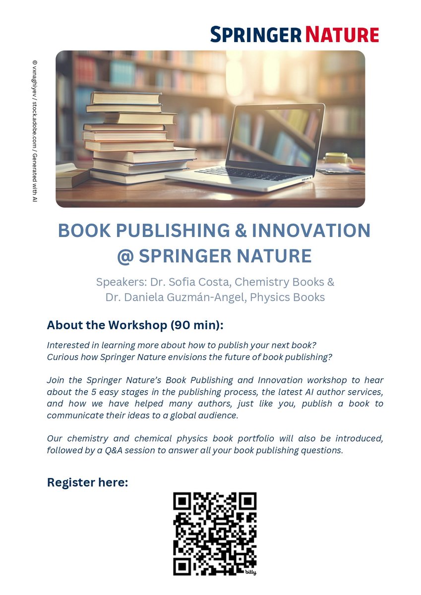 LatinXChem's tweet photo. Join @SpringerNature for their Book Publishing and Innovation Workshop! Discover the 5 easy stages of the publishing process, explore the latest AI author services, and learn how they’ve helped authors communicate their ideas. See you also on Monday for #LatinXChem24! https://t.co/xWuUuEQr9A