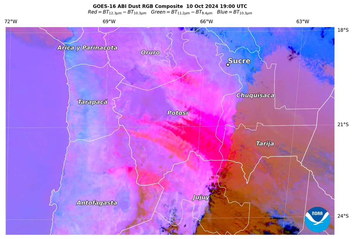 Stunning #GOESEast #ABI imagery of blowing #dust (pink/magenta) impacting parts of #Bolivia, #Chile &amp; #Argentina on 10 Oct, including #Antofagasta, #Chuquisaca, #Jujuy, #Oruro, #Potosí &amp; #Tarija. <a href="/NOAASatellites/">NOAA Satellites</a> <a href="/DustStormNews/">Dust Storm News</a> <a href="/SanGasso/">Santiago Gassó</a> <a href="/skukicaz/">María del Carmen Cazorla</a> <a href="/GOESguy/">Tim Schmit</a> <a href="/aprados1/">Dr Ana Prados</a>
