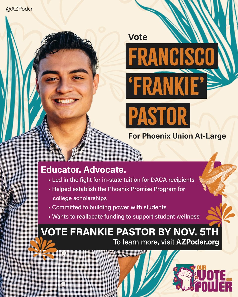 azpoder's tweet image. As an educator, Frankie knows firsthand the challenges our students face. He's ready to amplify student and family voices in decision-making, end student criminalization, and ensure every student has the resources to succeed.

Vote Frankie Pastor for PXU by Nov. 5!
