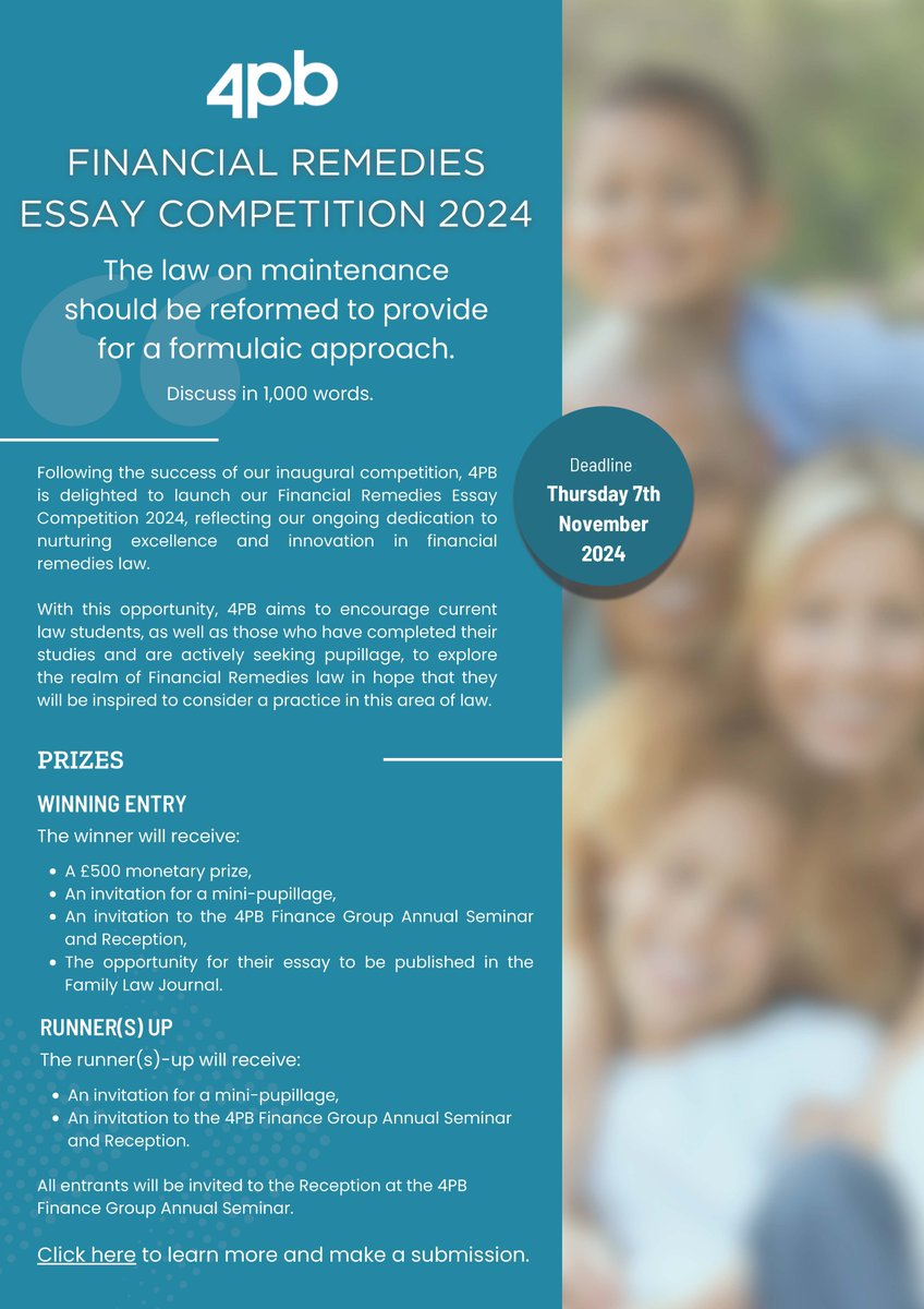 Following the success of our inaugural competition, we are delighted to announce the launch of our Financial Remedies Essay Competition 2024.

With this opportunity, we aim to encourage current #LawStudents, as well as those who have completed their studies and are actively