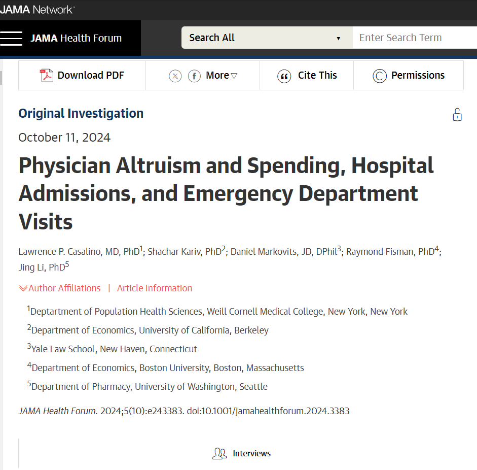 Jing Li 李婧 (@jingliuw) on Twitter photo Co-led by Dr. Lawrence Casalino and myself, our new <a href="/JAMAHealthForum/">JAMA Health Forum</a> study is the first to link experimentally measured #altruism of US practicing physicians to healthcare utilizations and spending of their patients.
Paper and interview w/ editors here
ja.ma/3zWZEFy Co-led by Dr. Lawrence Casalino and myself, our new <a href="/JAMAHealthForum/">JAMA Health Forum</a> study is the first to link experimentally measured #altruism of US practicing physicians to healthcare utilizations and spending of their patients.
Paper and interview w/ editors here
ja.ma/3zWZEFy