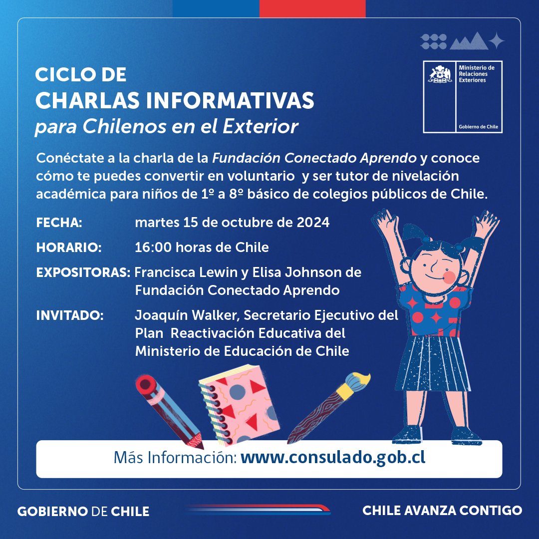 No te pierdas el próximo martes 15 de octubre la charla virtual <a href="/dicoex/">Dicoex</a> con la Fundación Conectado Aprendo y conoce cómo puedes ser tutora/or para niños de colegios públicos de Chile. 
📅 jueves 15 de octubre
⏰16:00 hrs. (hora de Chile)
Inscripciones aquí bit.ly/3U5YDlS