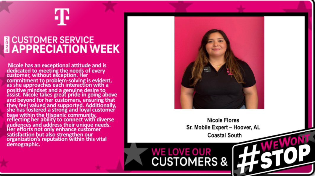 Job well done Nicole! Thank you for always providing exceptional service to our customers at our Hoover, AL Experience Store! We appreciate you . 
#CoastalSouth 
#SouthCentral
#CustomerServiceAppreciationWeek