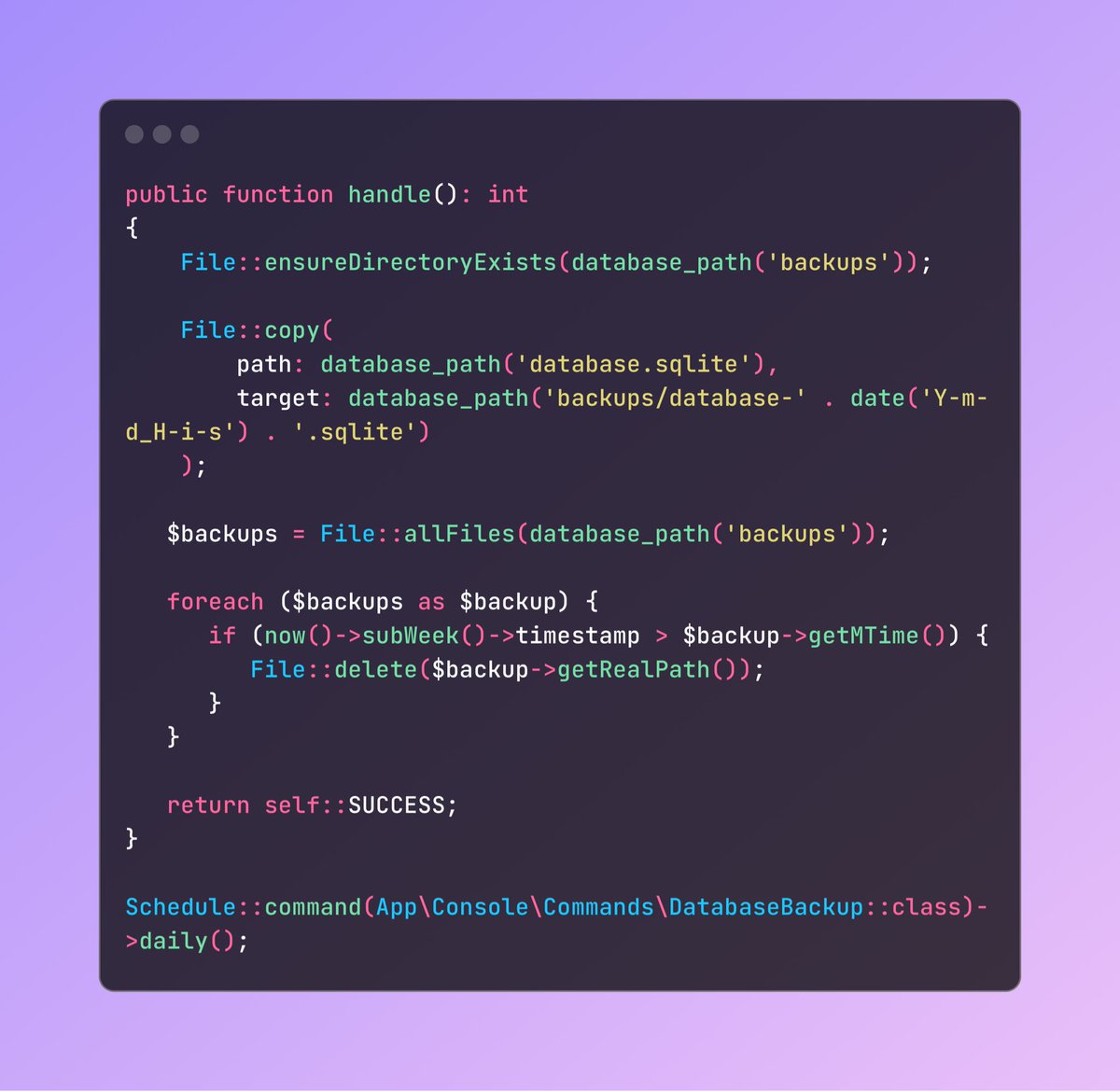 awcodes1's tweet photo. This is all it takes to do sqlite backups in @laravelphp. Too easy. 😆 https://t.co/5xlgKhu6bD