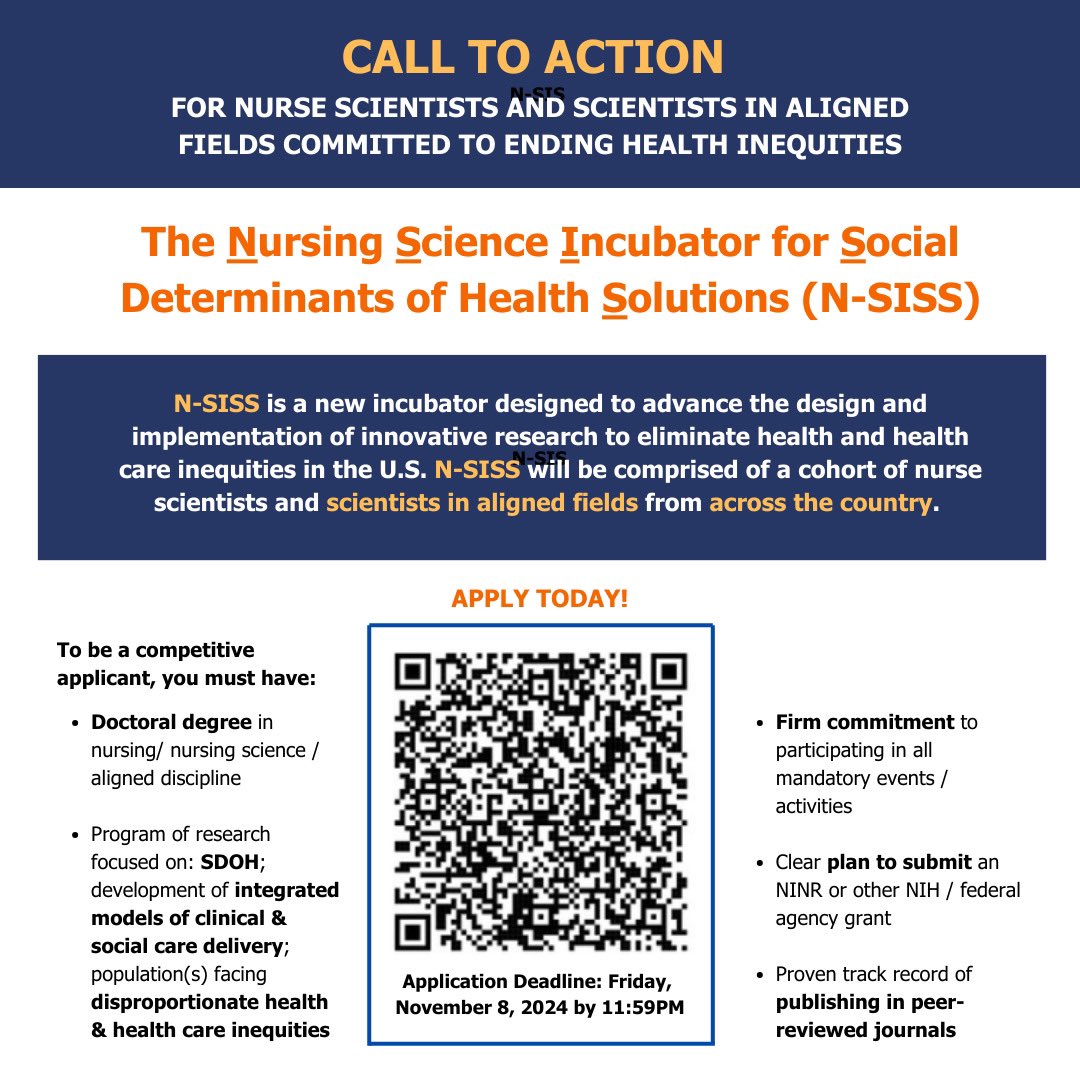 The Institute for Policy Solutions at JHSON is launching N-SISS, a new incubator to advance innovative research to eliminate health inequities in the US, comprised of nurse scientists and scientists in aligned fields from across the US. Apply by Nov 8: nursing.jhu.edu/institute-for-…