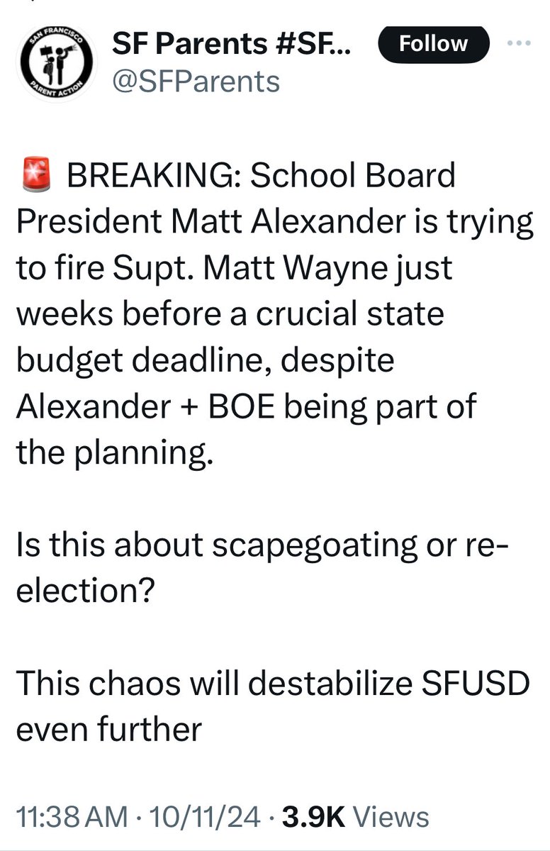 noahsloss's tweet photo. Is @mattalexandersf trying to stand up to Supt. Wayne (again)?
You love to see it! Fire Matt Wayne! Get it done this time and you’ll win the Board of Ed election in a landslide.
Pay no mind to Meredeath. She only represents herself, not SFUSD parents. https://t.co/cNMuSTzjX8