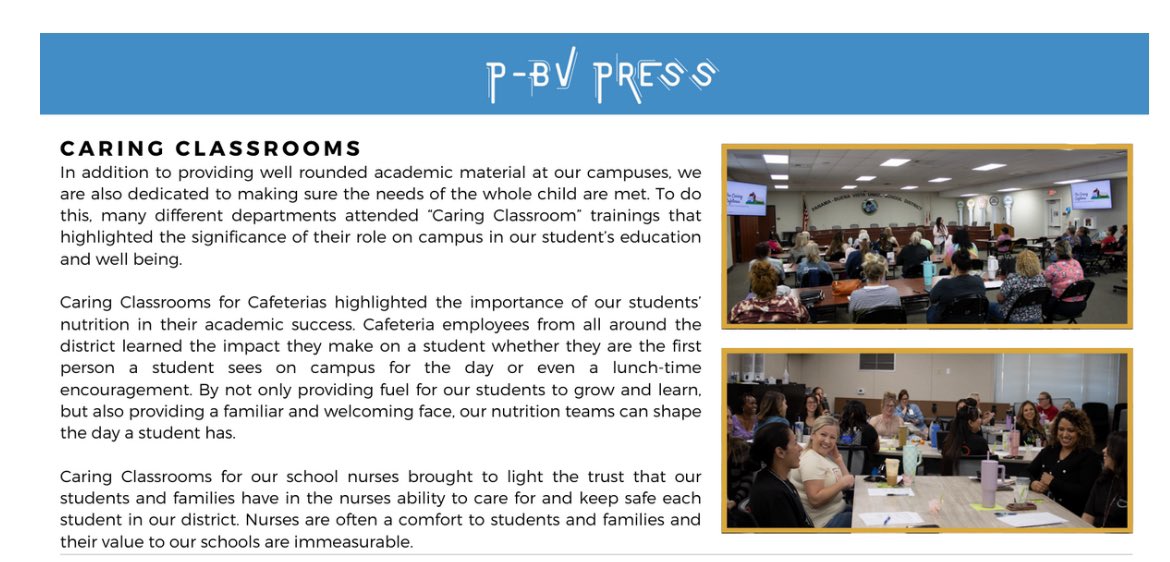 If you are part of #TeamPBV, have you read the most recent edition of the P-BV Press? It features our Caring Classroom series which emphasizes the significant role of all caring adults in schools and their impact in the lives of students❤️ #WeArePBV