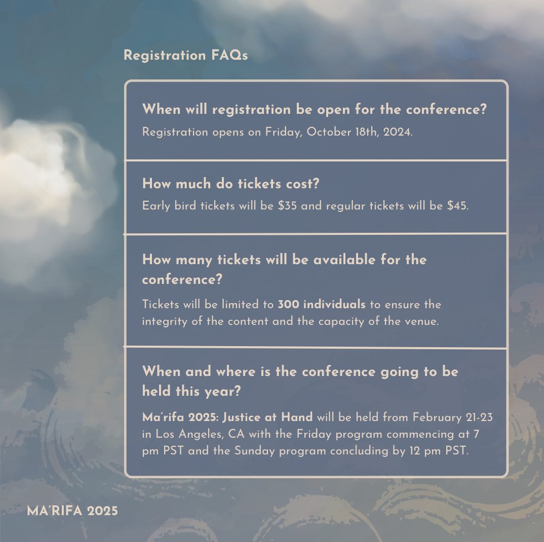 MarifaPrograms's tweet image. Have a question about attending the conference? Check out these FAQs! For any other questions, please reach out at conference@marifaprograms.com or DM us via Instagram or Twitter. 

As a reminder, registration for the conference opens next week on October 18th!