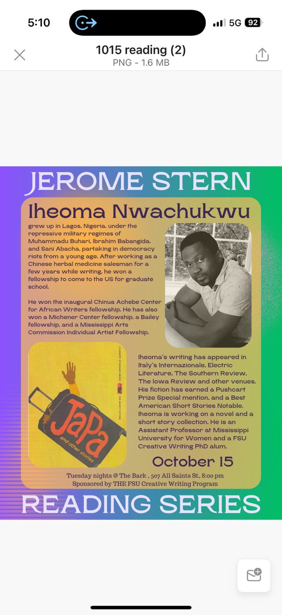 The Jerome Stern Reading Series resumes this Tuesday, 10/15 with Iheoma Nwachukwu!