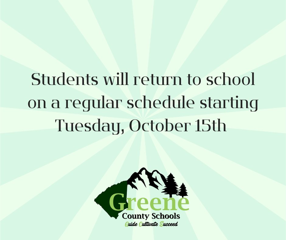 Monday, October 14th will be a professional development day for staff, and ESP will be on a regular schedule. The first day back for students will be Tuesday, October 15th. Bottled water and hand sanitizer will be available at all schools.