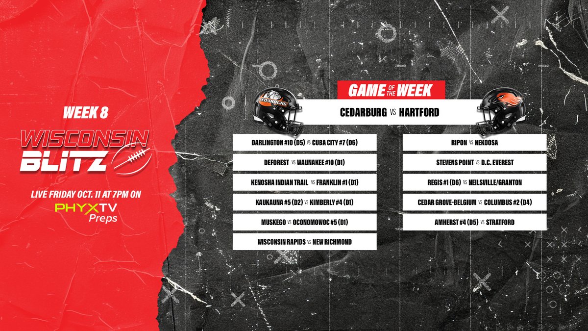 PHYXTVpreps (@phyxtvpreps) on Twitter photo Tonight on PHYXTV Preps at 7PM!
๐ Cedarburg ๐ Hartford
๐ Darlington ๐ Cuba City
๐ Wisconsin Blitz!!
๐บ RokuTV | AppleTV | FireTV
๐ฒ Apple | Android Tonight on PHYXTV Preps at 7PM!
๐ Cedarburg ๐ Hartford
๐ Darlington ๐ Cuba City
๐ Wisconsin Blitz!!
๐บ RokuTV | AppleTV | FireTV
๐ฒ Apple | Android