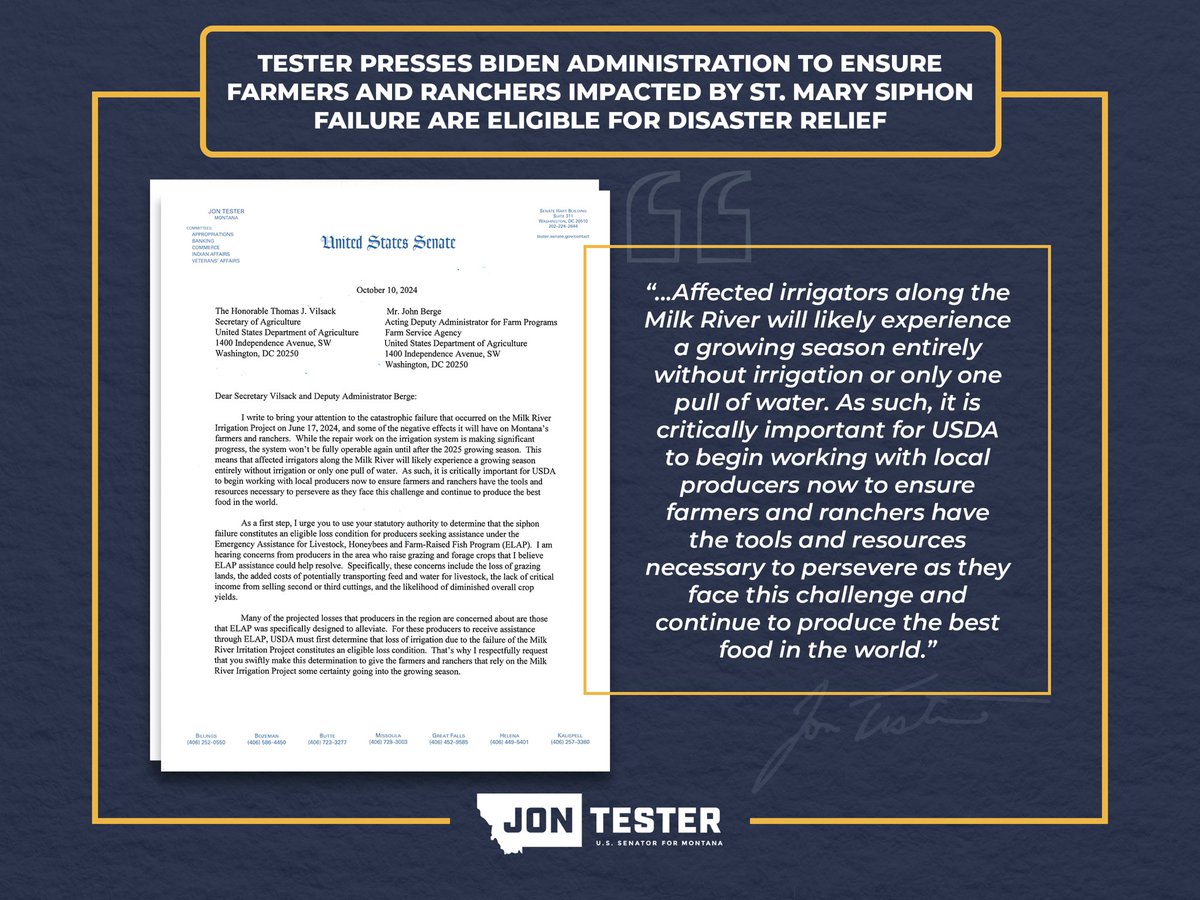 SenatorTester's tweet photo. With repairs along the Milk River Project likely to impact the 2025 growing season in North Central Montana, it's critical that affected irrigators have the resources to persevere. I'm urging officials to act now to ensure our producers have access to necessary disaster relief: https://t.co/VBOp47QwKb