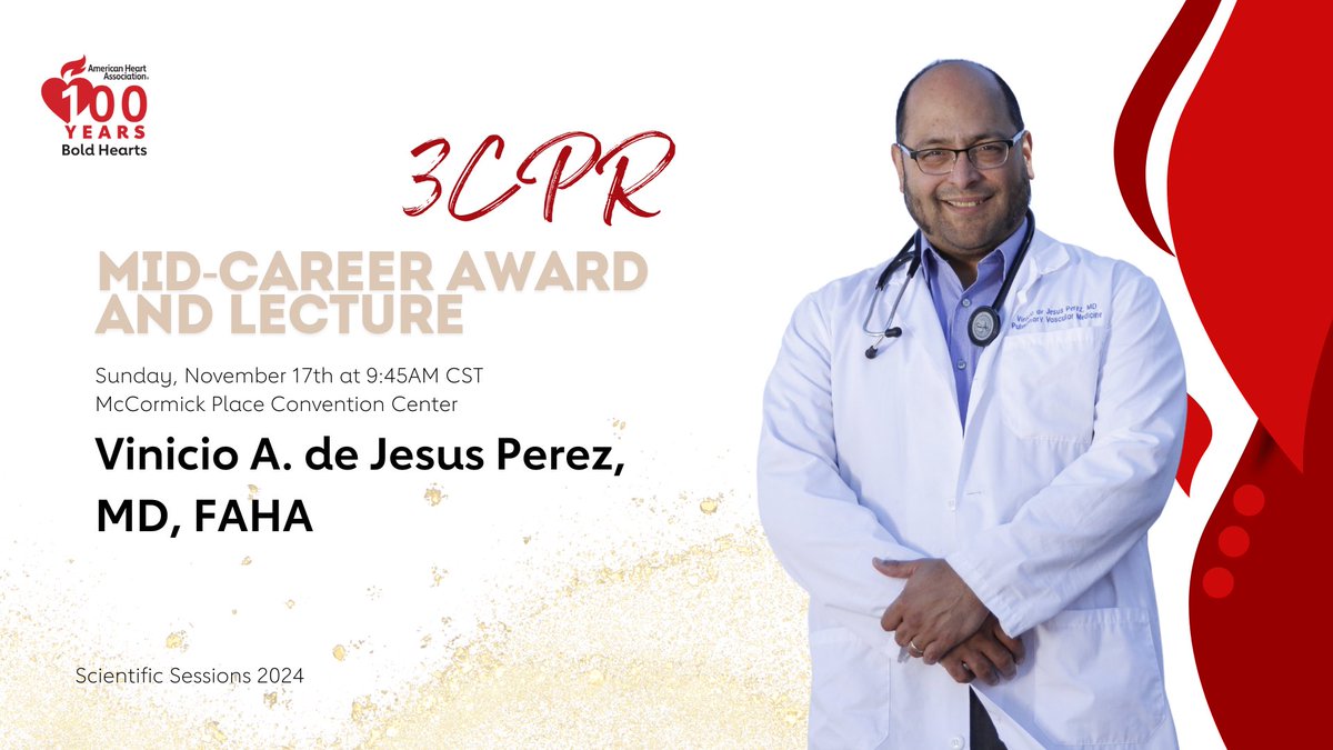 Roxana Rashid (@rashidroxana) on Twitter photo Who else is more deserving of the 3CPR Mid-Career Award & Lecture presented at #AHA24 than our VERY OWN <a href="/Viniciodjperez/">Vinicio de Jesus Perez, MD FAHA FCCP ATSF</a> 🤩
We are so proud to honor you with this award - I’ll be there in the front row on 11/17 at 9:45am cst to listen to his lecture, who’s with me!? Who else is more deserving of the 3CPR Mid-Career Award & Lecture presented at #AHA24 than our VERY OWN <a href="/Viniciodjperez/">Vinicio de Jesus Perez, MD FAHA FCCP ATSF</a> 🤩
We are so proud to honor you with this award - I’ll be there in the front row on 11/17 at 9:45am cst to listen to his lecture, who’s with me!?