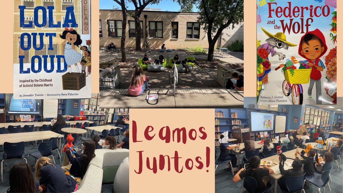 BenoitBookBoss's tweet photo. This week, the #MorolesLibrary concluded Hispanic Heritage Month with interactive read alouds for ¡Leamos Juntos! - Let's Read Together. Grades 3-5 read Lola Out Loud and learned how Dolores Huerta stood up for what she believed in. Grades PreK-2 enjoyed Federico and the Wolf  to get into the Halloween spirit. We then enjoyed sustained free reading in the library's outdoor courtyard. @BenoitBookBoss @MorolesEagles @DISD_Libraries @DISDLibrarian @DISDREO