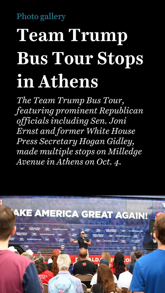 The Team Trump Bus Tour, featuring prominent Republican officials including Sen. Joni Ernst and former White House Press Secretary Hogan Gidley, made multiple stops on Milledge Avenue in Athens on Oct. 4. flickr.com/photos/1263886… coverage by <a href="/MeyerWyatt40713/">Wyatt Meyer</a>