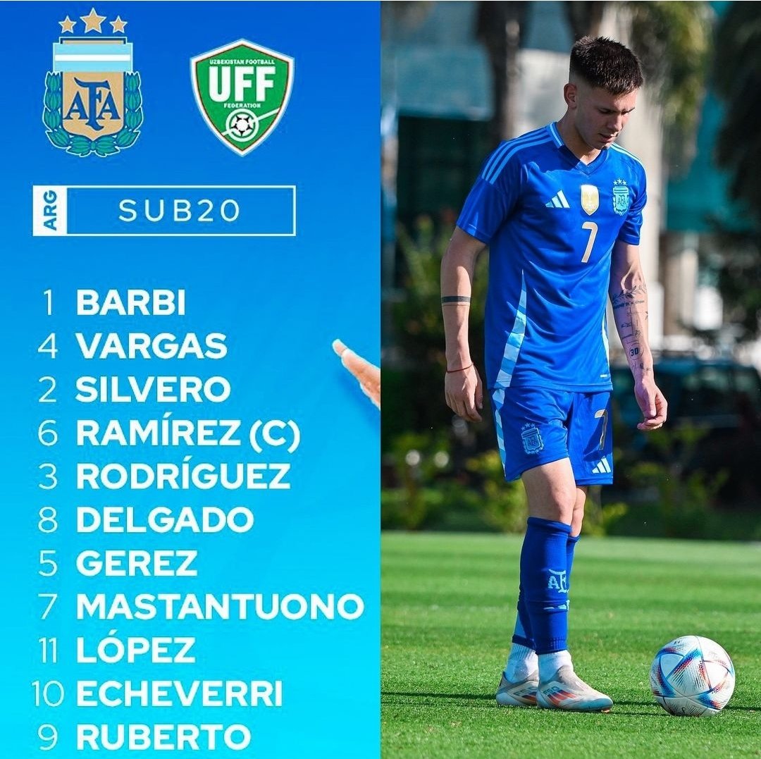 NicoMai10's tweet photo. Con la presencia como titular del defensor de #Unión Lautaro #Vargas, la @Argentina Sub 20 (con Messi observando el juego) venció en un amistoso en el predio de AFA a #Uzbekistán 2 a 0. Los goles fueron de Thiago #Silvero y Franco #Mastantuono. El Domingo volverán a enfrentarse. https://t.co/RjuZwN7yrR