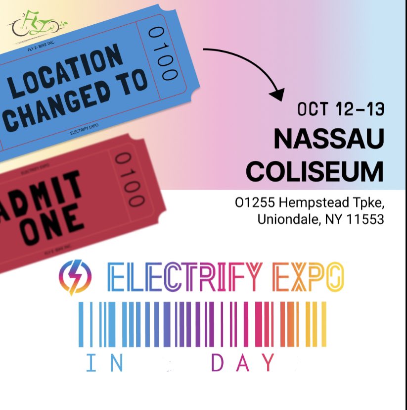 Flyebike_'s tweet photo. Electrify Expo starts TOMORROW!

The location has CHANGED! Due to the Mets game at Citi Field, @electrify_expo NYC has relocated to Long Island, NY at the Nassau Coliseum.

New Location: 
📍01255 Hempstead Tpke, Uniondale, NY 11553

Come meet us there for prizes! At not cost to you, just spin the wheel and bring a prize home 😎🔥🙌.

[Booth Number： 506, 507, 605, 606 ]

Test ride our latest new arrivals for free, from E-motorcycles to E-Scooters.

#electrifyexpo #flyebike #ebike #emotorcycle #prizes #testride #everythingelectric