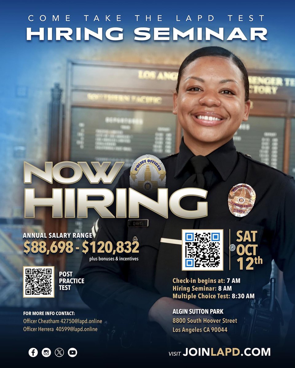 LAPDTopanga's tweet photo. Check Out Tomorrow's Recruiting Event ⬇️
To RSVP go to https://t.co/IEaA6xcjvQ Testing Calendar.
Walk-ins are welcome.
Please Share, Save, and Follow @joinlapd
#joinlapd
#careergoals
#hiringnow
#lapd
#hiringevent https://t.co/kXZubVtKOd